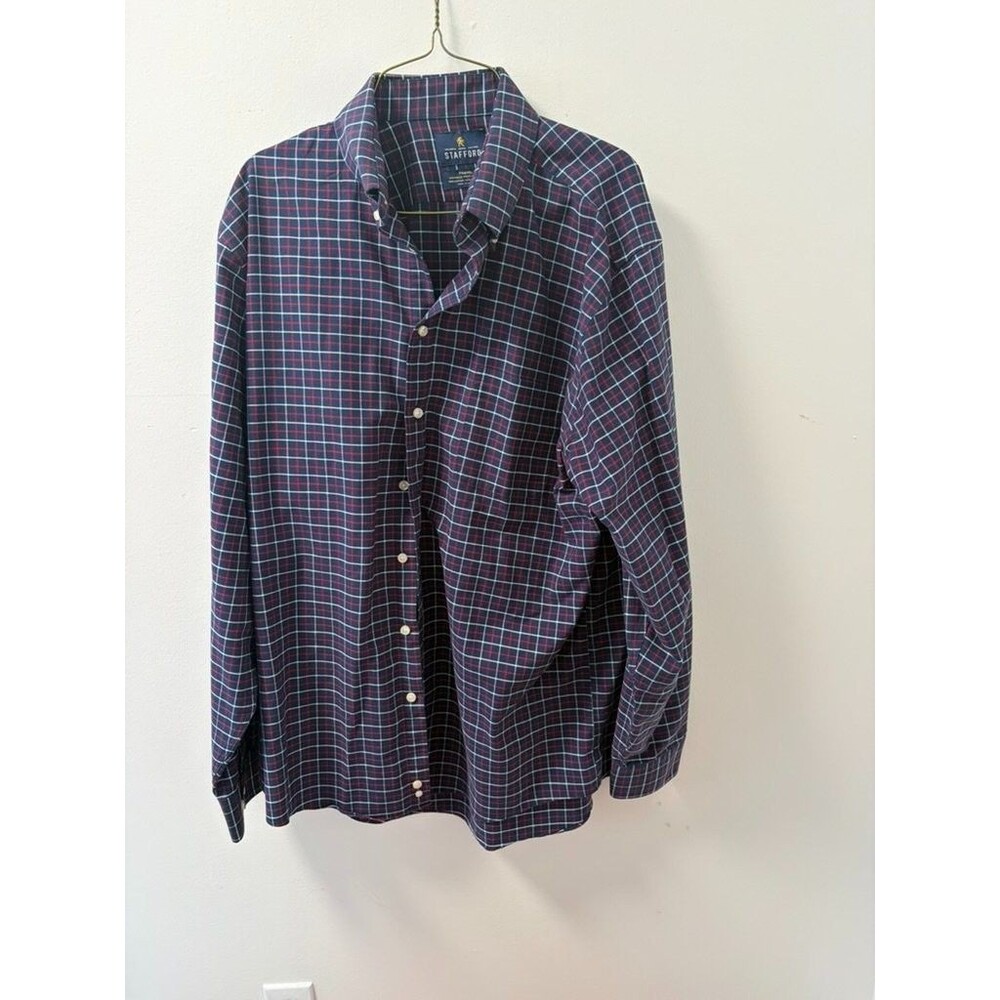 Stafford Travel Wrinkle-Free Oxford Mens Dress Shirt 17 36-37 Blue Plaid Used